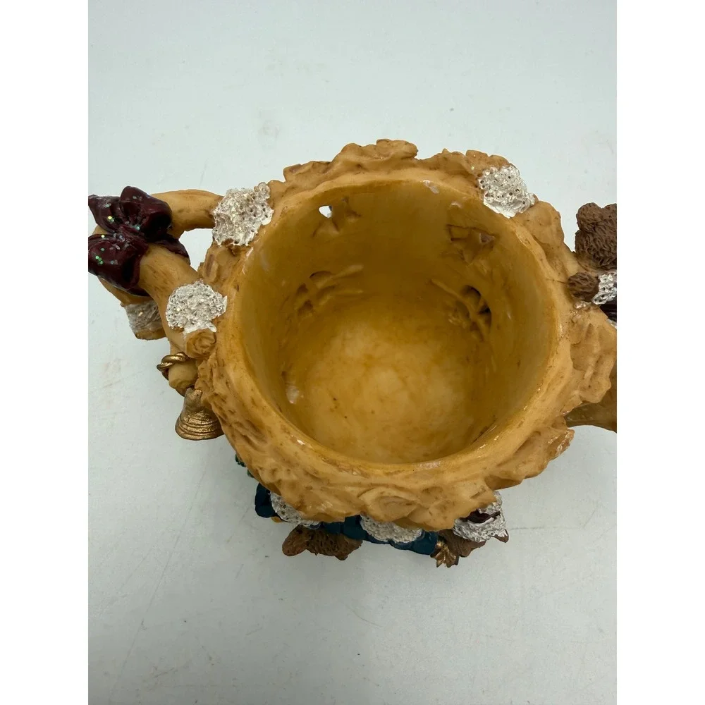 Vintage Christmas Teddy Bear Tree Stump Teapot Votive Candle Holder Resin Decor